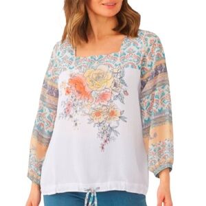 FDJ French Dressing Jeans Puff Sleeve Flora Print Top Square Neckline Size 6